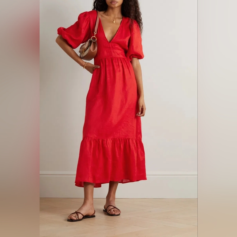 Faithfull The Brand Red Romilla Open Back Linen Dress